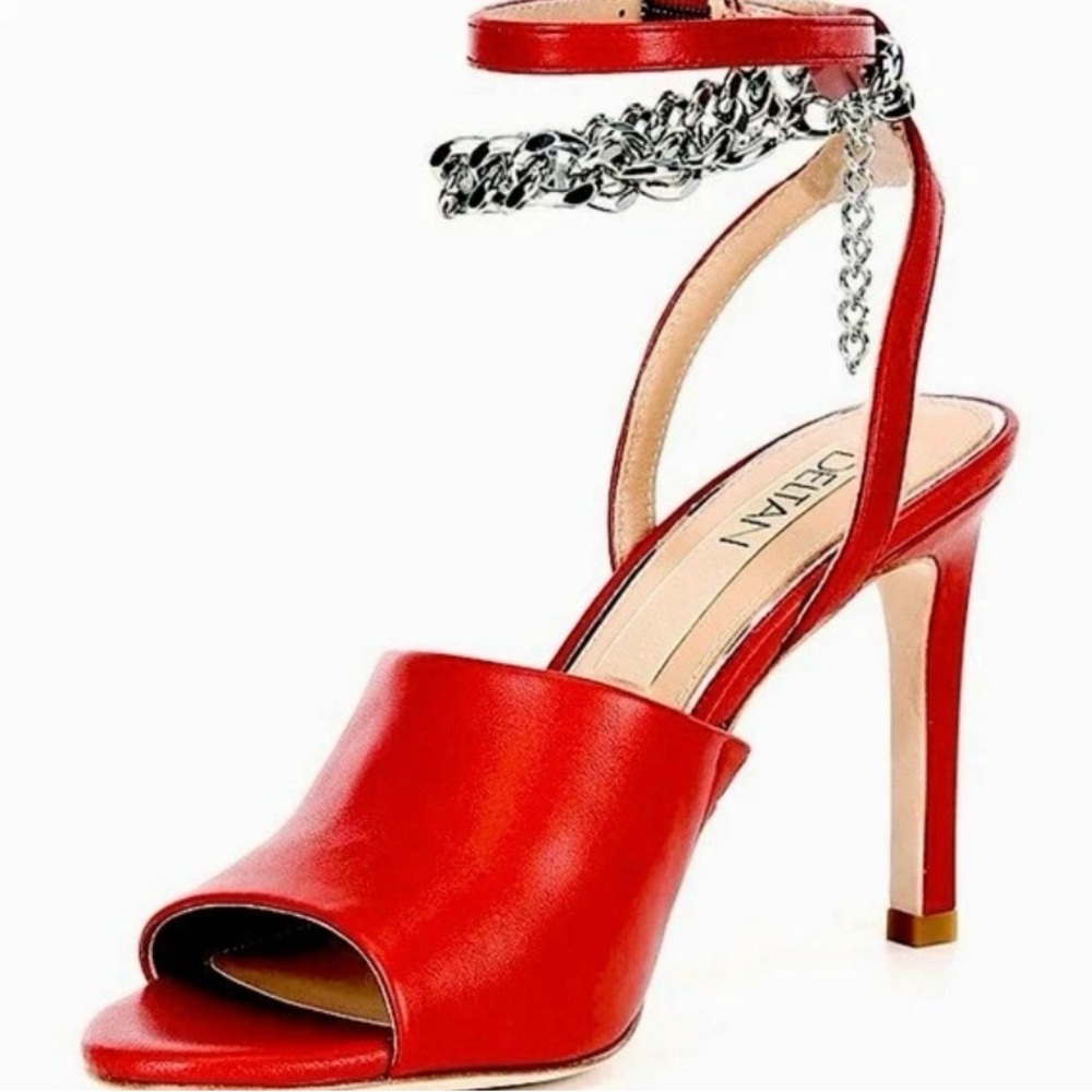NEW - Size 6M Women's Deltan Blair Leather Chain Detail Ankle Strap Sandal Red